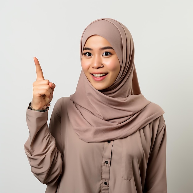 A photography of a malay malaysian woman in a curious and wondering of something pose with one fing