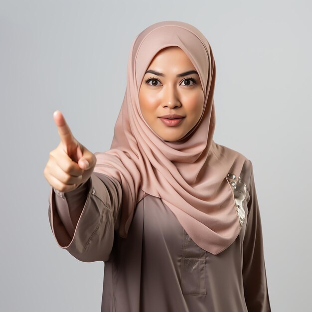 A photography of a malay malaysian woman in a curious and wondering of something pose with one fing