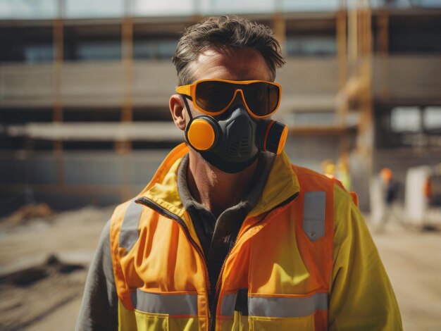 Photography of a man at a construction site wearing sunglasses and a mask