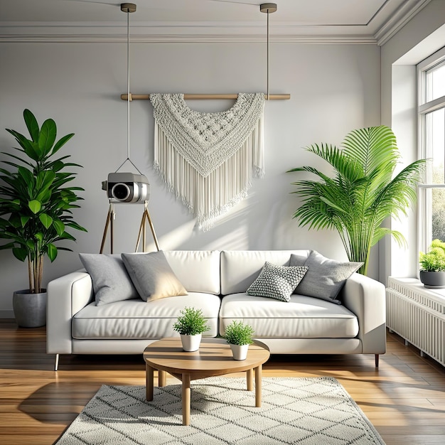 Photo a photography of a modern bright living room interior with sofa view with a macrame gobelin above