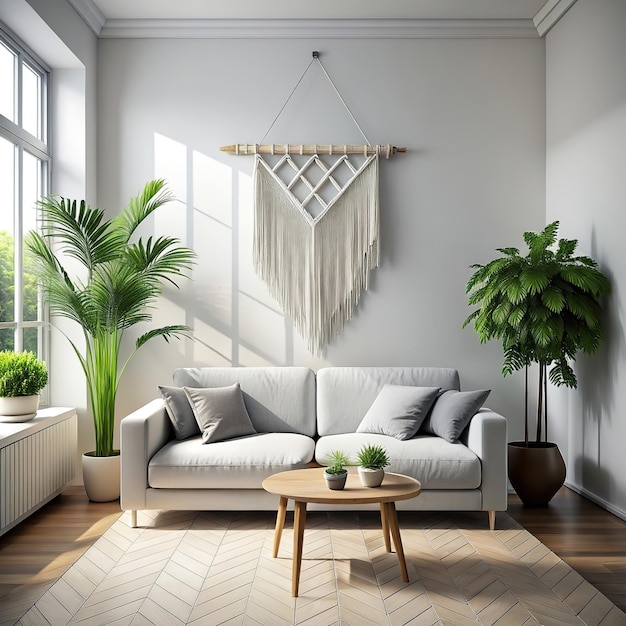 a photography of a modern bright living room interior with sofa view with a macrame gobelin above