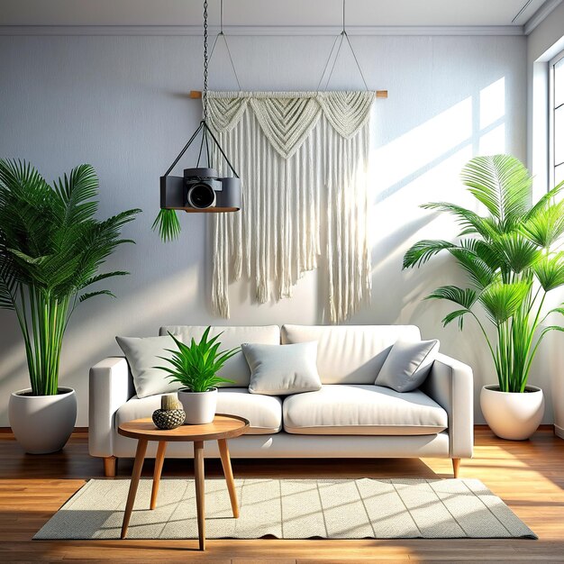 a photography of a modern bright living room interior with sofa view with a macrame gobelin above