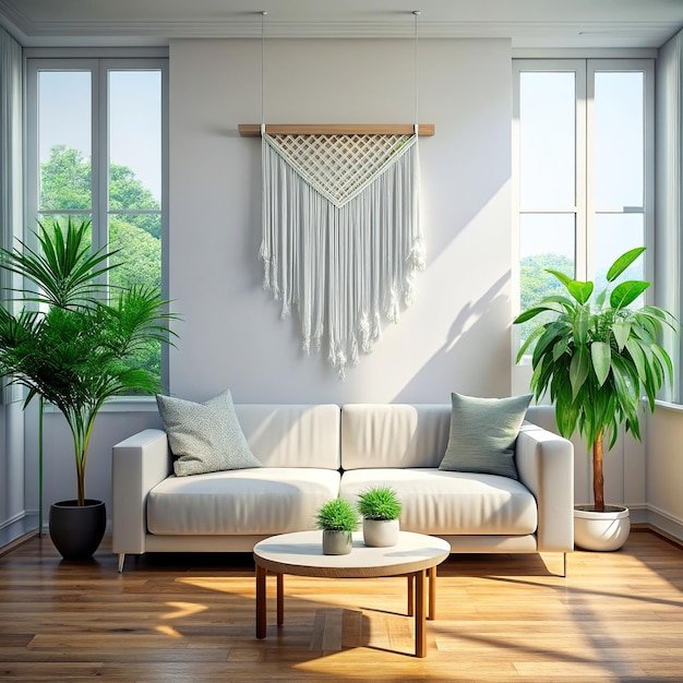 a photography of a modern bright living room interior with sofa view with a macrame gobelin above