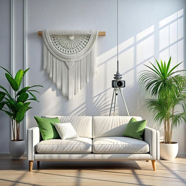 Photo a photography of a modern bright living room interior with sofa view with a macrame gobelin above