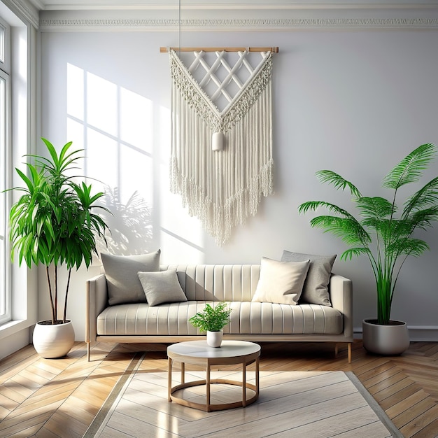 a photography of a modern bright living room interior with sofa view with a macrame gobelin above