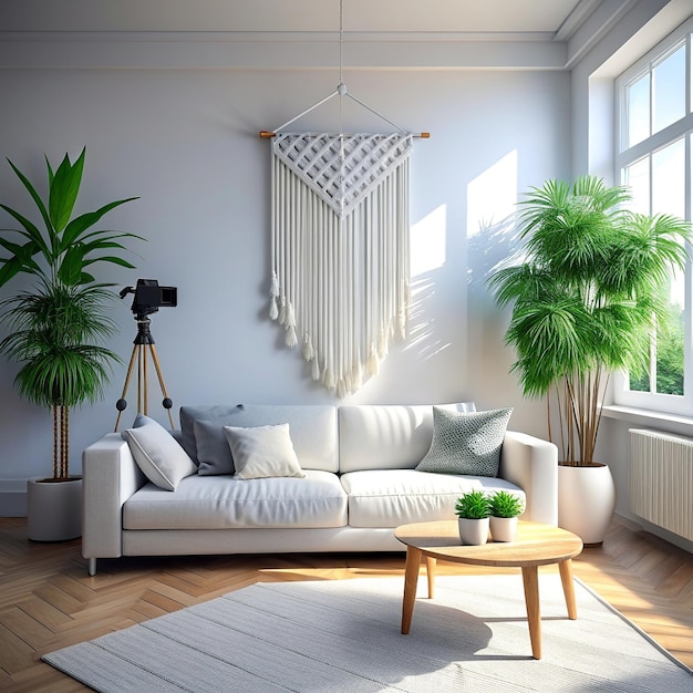 a photography of a modern bright living room interior with sofa view with a macrame gobelin above