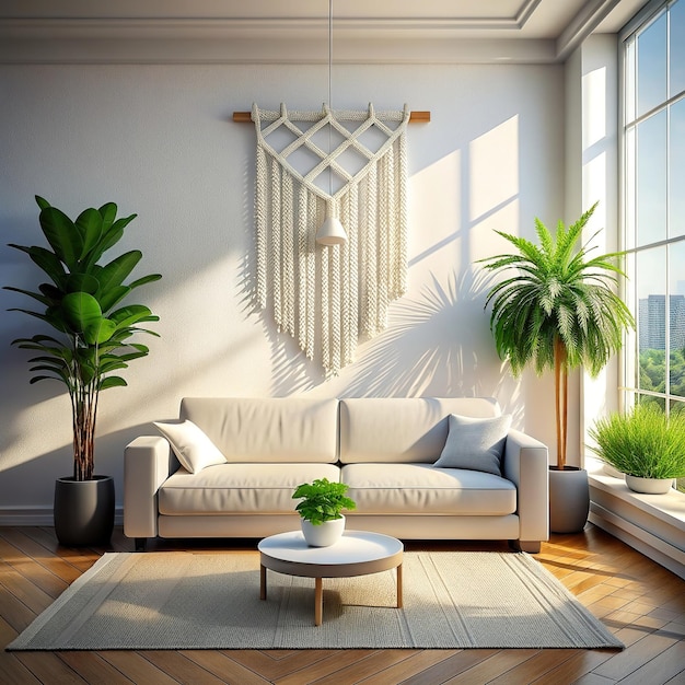 a photography of a modern bright living room interior with sofa view with a macrame gobelin above