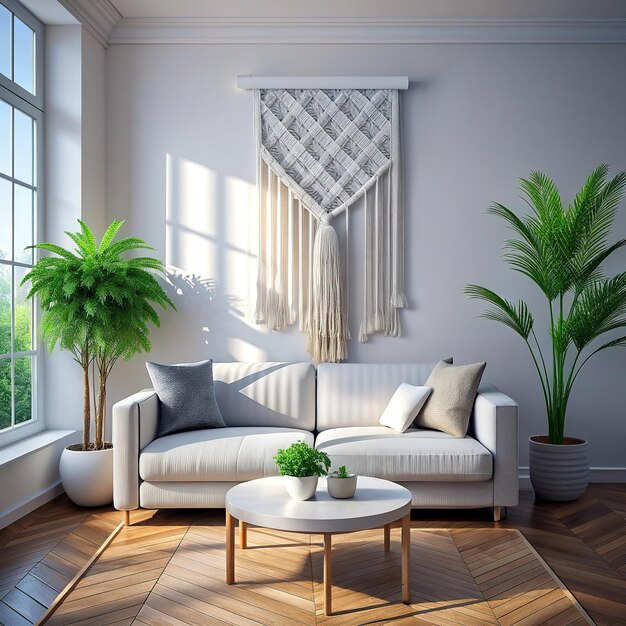 a photography of a modern bright living room interior with sofa view with a macrame gobelin above