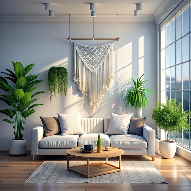 a photography of a modern bright living room interior with sofa view with a macrame gobelin above