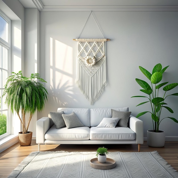 a photography of a modern bright living room interior with sofa view with a macrame gobelin above