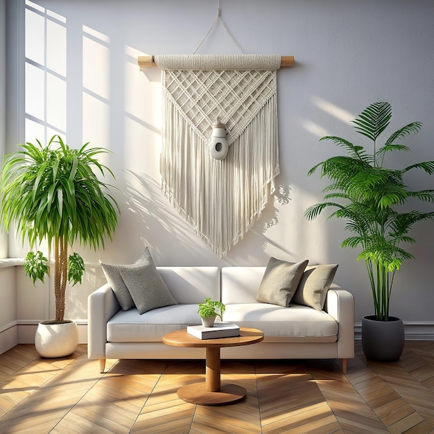 a photography of a modern bright living room interior with sofa view with a macrame gobelin above