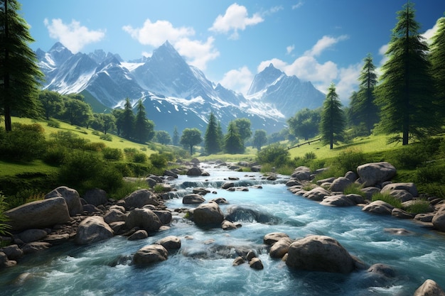 水晶のように澄んだ川や茂った森がある山岳風景の写真撮影