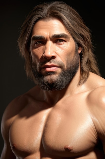 Фотография неандертальца или первобытного пещерного человека Генеративный ИИ