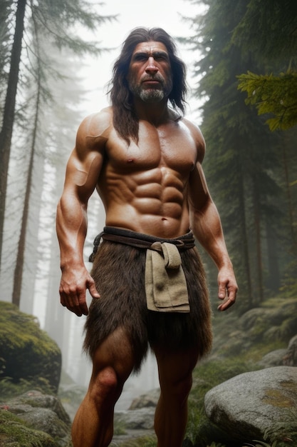 Photography of Neanderthal or Primeval caveman Generative AI