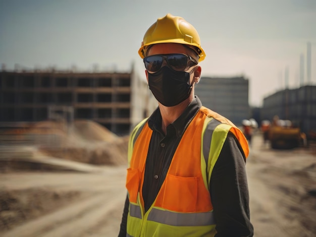 Фото Фотография мужчины на строительной площадке в солнцезащитных очках и маске