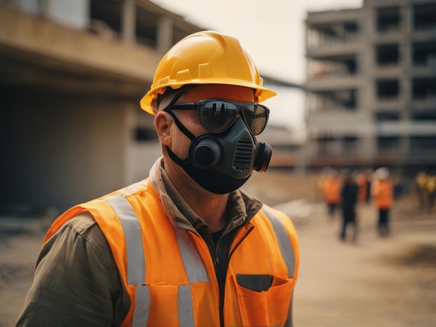 Фото Фотография мужчины на строительной площадке в солнцезащитных очках и маске