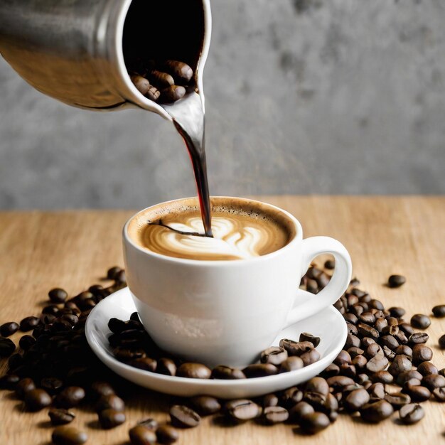 사진 photography of coffee pouring into mug surrounded by coffee beans ai generative