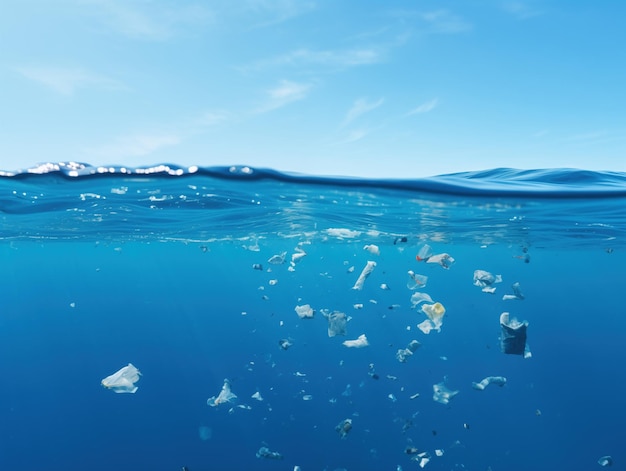 写真 青い海水上のプラスチック廃棄物の写真撮影