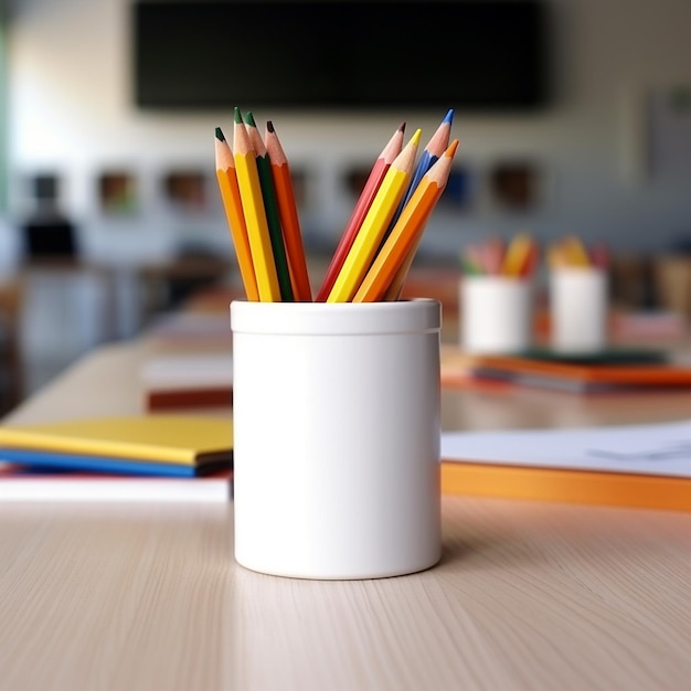 Photo photography of a pencilholder on a school desk