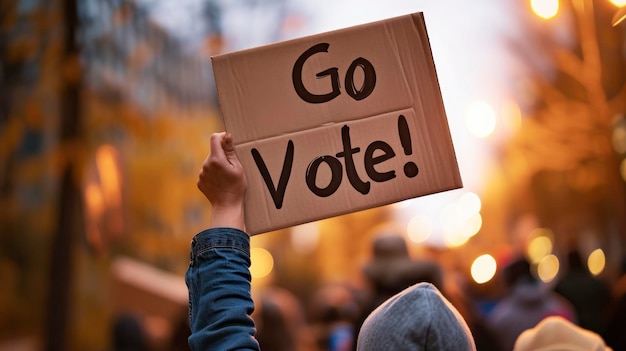 「Go Vote」と書かれた盾を掲げている人の写真