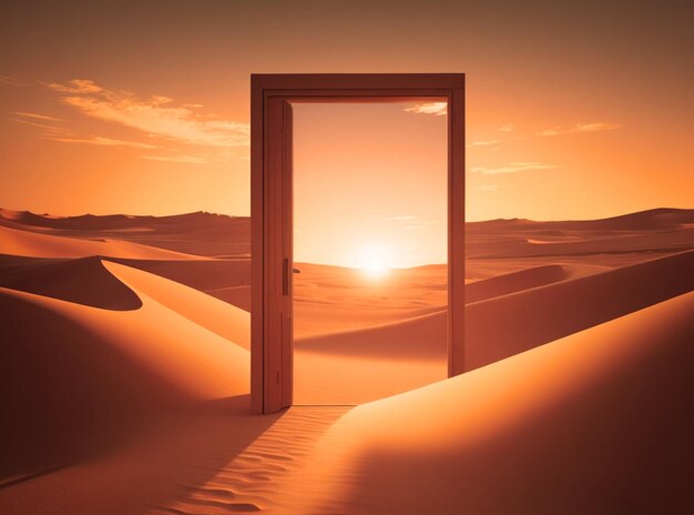 写真撮影、実際のオープンドア砂漠、未知とスタートアップコンセプトの日没