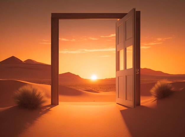 写真撮影、実際のオープンドア砂漠、未知とスタートアップコンセプトの日没