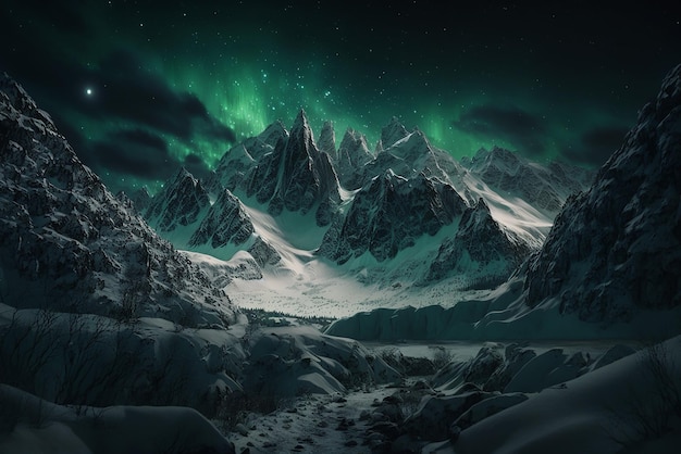 Photography of realistic snowy mountains at night with green northern lights Ai generated art