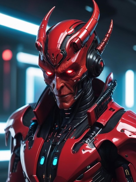 photography of a Red demon in a hightech suit futuristic cyberpunk style ai generative