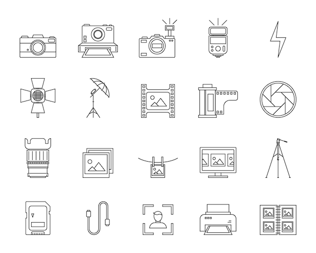 Photo photography signs black thin line icon set include of camera lens tripod and printer vector illustration of icons