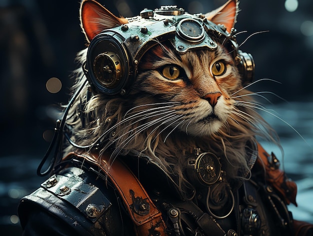 Photography of steam punk cat in sea insane detail AI generative