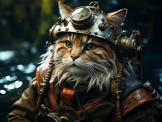 Photography of steam punk cat in sea insane detail AI generative