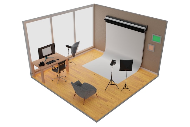 Photography studio interior isometric view with desk and professional lights, 3d rendering