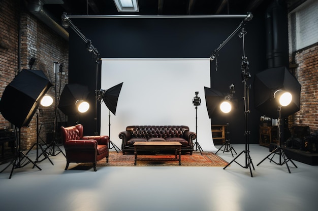 photography studio setup equip with studio lightning and chesterfield sofa