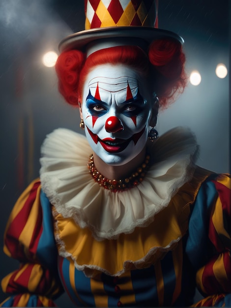 Photography of an ultra realistic Evil woman clown in dramatic ight fog