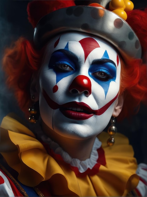 Photography of an ultra realistic Evil woman clown in dramatic ight fog