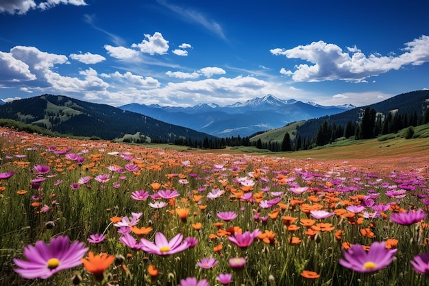 Photography of a vibrant meadow bursting with life as wildflowers in a myriad of colors