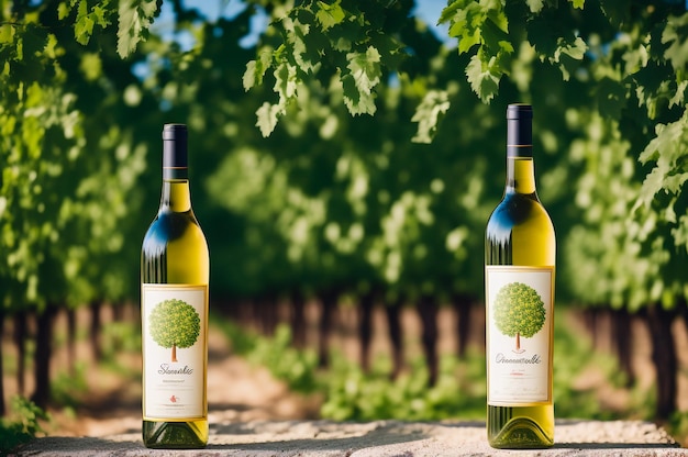 Photo photography of a white wine bottle in the middle of vines