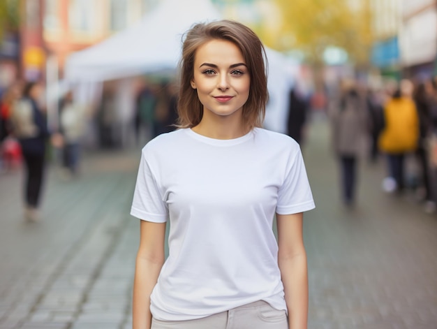 photography of a woman wearing a blanc white t shirt mockup photo