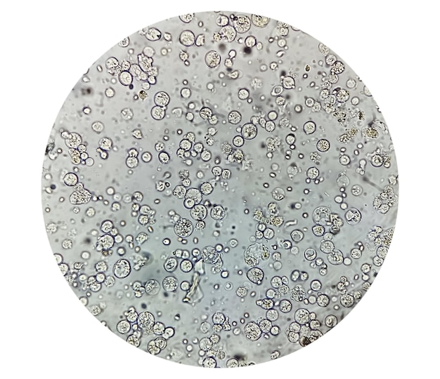 사진 소변 분석의 사진 마이크로그래프는 많은 세포를 나타니다. 소변관 감염