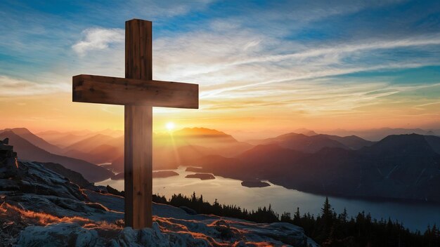 Photomontage of cross against silhoretote of mountain and lake view at sunset