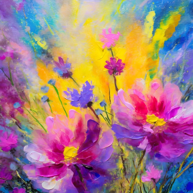 Photon flowers acrylic paint maximalism bright colors in pink purple blue and yellow