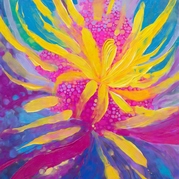 Photo photon flowers acrylic paint maximalism bright colors in pink purple blue and yellow