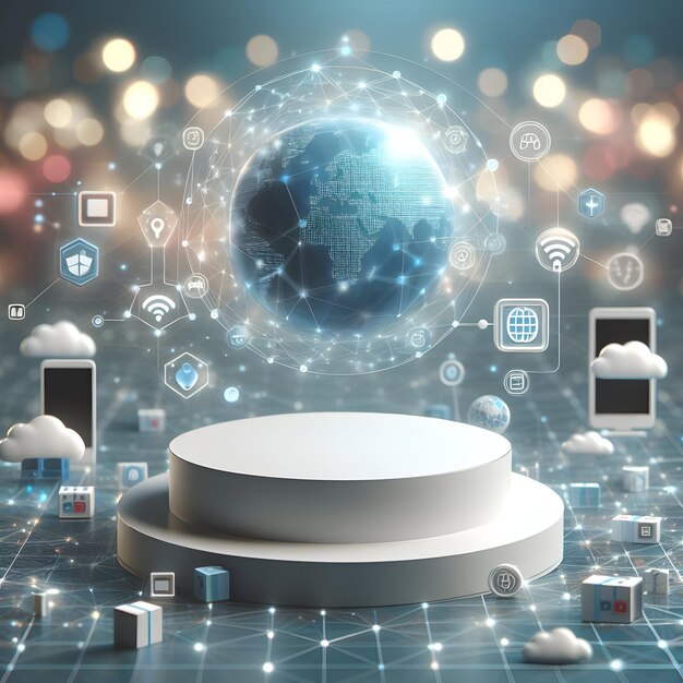 Photoreal 3D with Internet of Things Podium with a blurred or bokeh background of Connected Devices