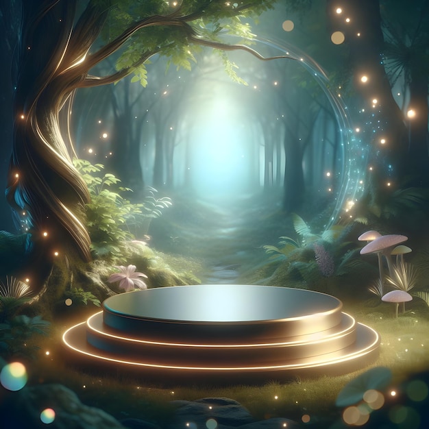 Photo photoreal 3d with mystical podium with a blurred or bokeh background of enchanted forest 1jpg