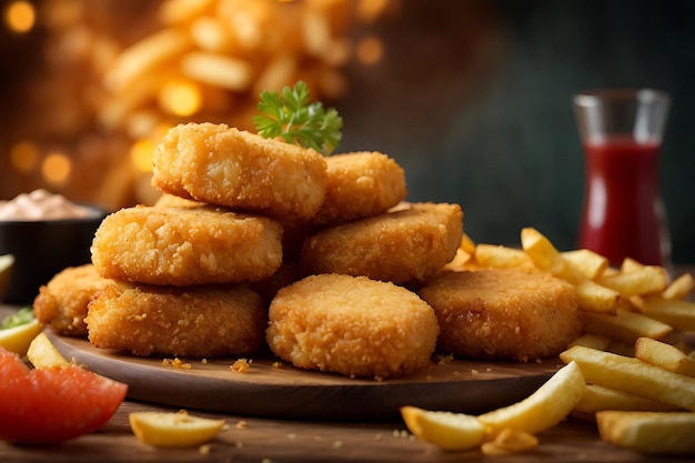 Foto photoreal nuggets di pollo serviti con patatine fritte