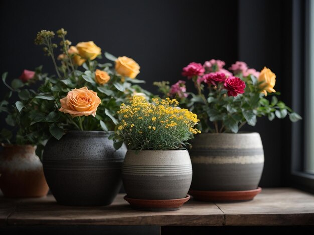 Photoreal flowers in rustic pots near dark grey wall modern decor