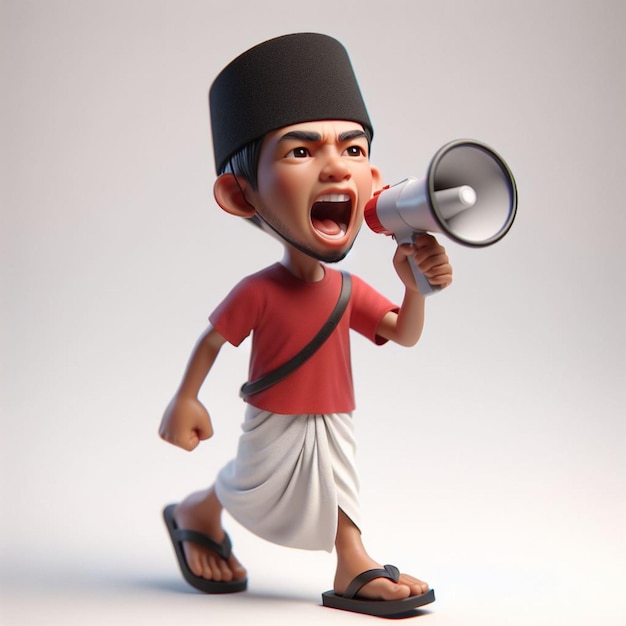 Photo photorealistic 3d caricature young man screaming expression holding a loudspeaker