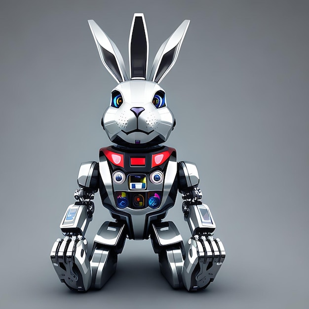 Фотореалистичная 3D-иллюстрация механического кролика-киборга, выглядящего смелым