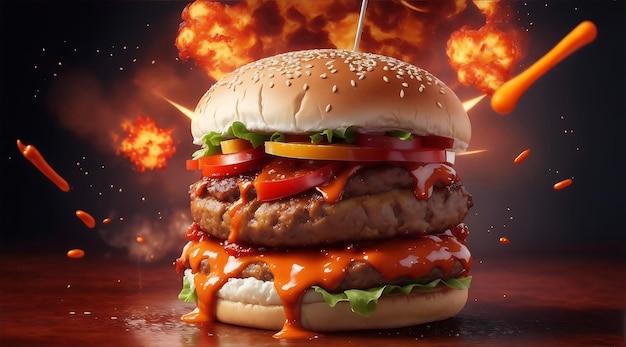 A photorealistic 3D render of a burger sandwich that appears to be exploding with Ai Generated
