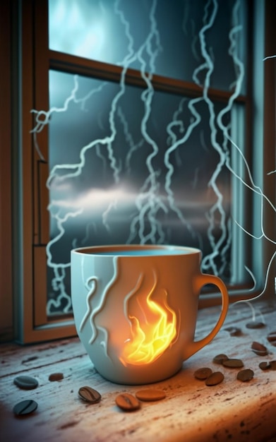 A photorealistic 3D rendering of a cup placed by the window with gentle rain falling outside